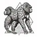 draw a black and white simmetrical tattoo of a triangle with inside of it 3 creatures. the creatures are a gorilla, a ca tattoo design idea