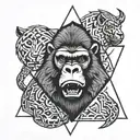 draw a black and white simmetrical tattoo of a triangle with inside of it 3 creatures. the creatures are a gorilla, a ca tattoo design idea