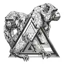 draw a black and white simmetrical tattoo of a triangle with inside of it 3 creatures. the creatures are a gorilla, a ca tattoo design idea