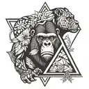 draw a black and white simmetrical tattoo of a triangle with inside of it 3 creatures. the creatures are a gorilla, a ca tattoo design idea