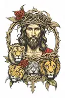 Jesus with crown of thorns, lions, 8 for infinity  tattoo design idea