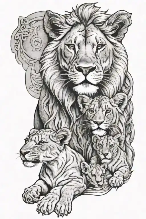 female lion with 4 cubs surrounded tattoo design idea