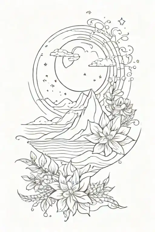 sky, stars, moon, sun, mountains, ocean, flowers tattoo design idea