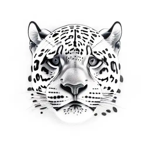 A realistic portrait of a jaguar surrounded by three small paw prints tattoo design idea