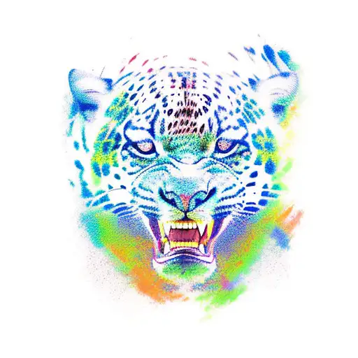 A new-school design featuring a jaguar face with three playful cubs in vibrant colors tattoo design idea