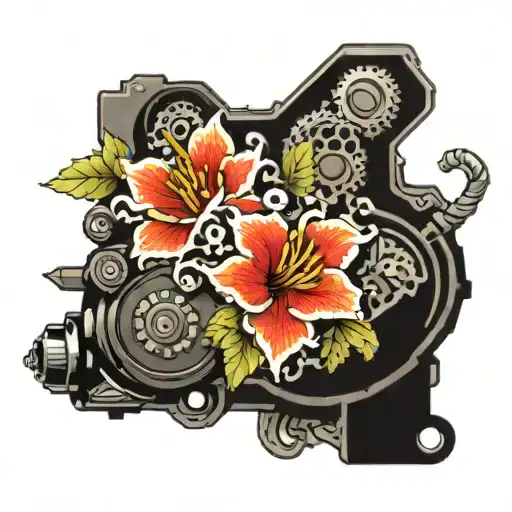 Create a detailed engine motor with intricate Japanese floral patterns tattoo design idea