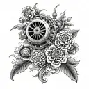Create a detailed engine motor with intricate Japanese floral patterns tattoo design idea