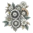 Create a detailed engine motor with intricate Japanese floral patterns tattoo design idea