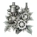 Create a detailed engine motor with intricate Japanese floral patterns tattoo design idea
