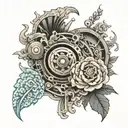 Create a detailed engine motor with intricate Japanese floral patterns tattoo design idea