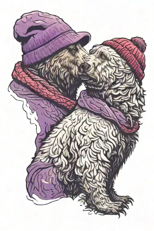Two bears (like the bear of Berlin) in profile facing each other, one wearing a purple woolly hat, the other a red one tattoo design idea