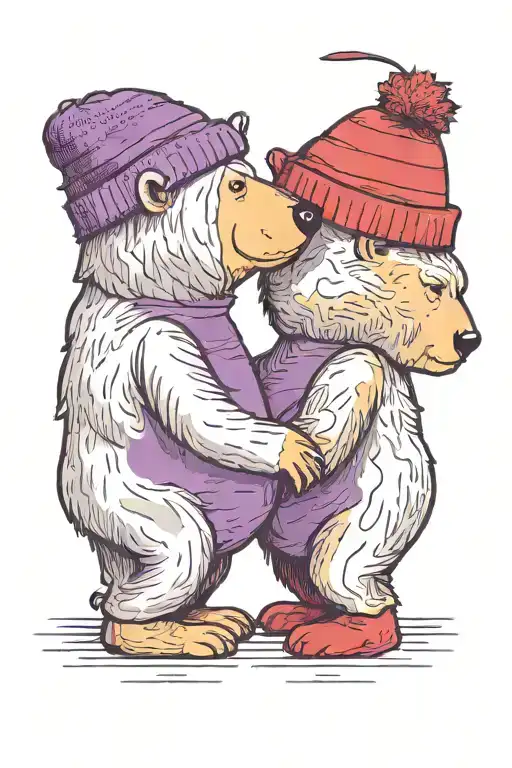 Two bears (like the bear of Berlin) in profile facing each other, one wearing a purple woolly hat, the other a red one tattoo design idea