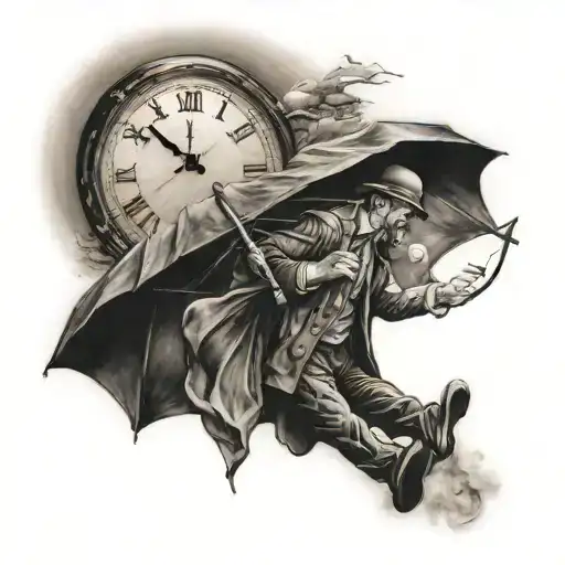 A realistic tattoo of the Umbrella Man holding an umbrella with a clock striking 12:15, capturing the essence of Mayday Parade's music tattoo design idea
