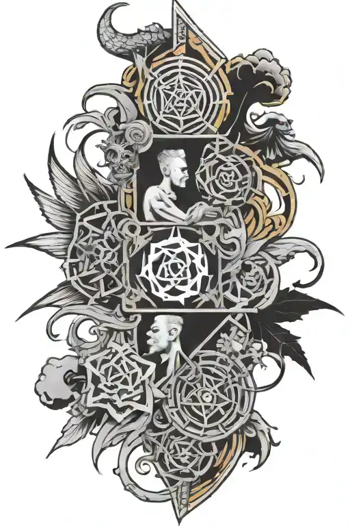 A sleeve tatoo made of Linkin Park's Hybrid Theory and Meteora cover art, Metallica logo, The Offspring and Soundgarden tattoo design idea