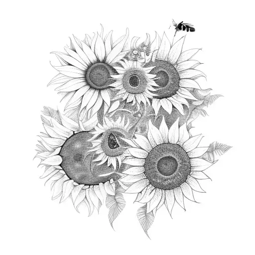 A blackwork tattoo of a bee hive with sunflowers growing around it tattoo design idea