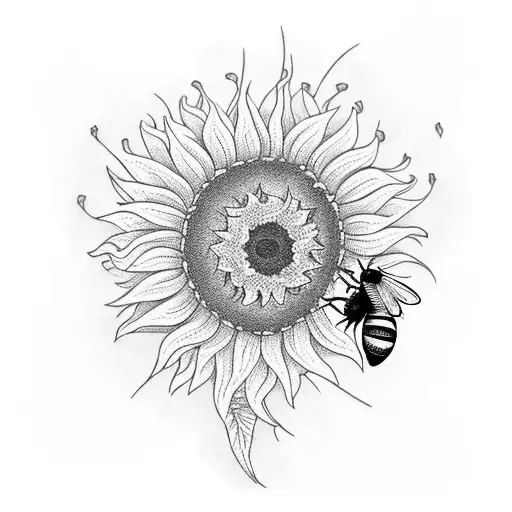 A blackwork tattoo of a bee hive with sunflowers growing around it tattoo design idea