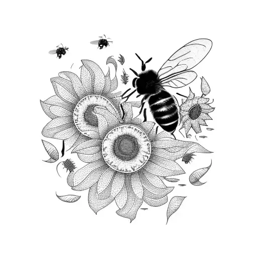 A blackwork tattoo of a bee hive with sunflowers growing around it tattoo design idea