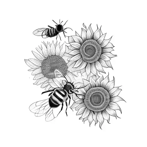 A blackwork tattoo of a bee hive with sunflowers growing around it tattoo design idea