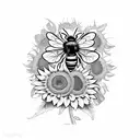 A blackwork tattoo of a bee hive with sunflowers growing around it tattoo design idea