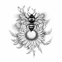 A blackwork tattoo of a bee hive with sunflowers growing around it tattoo design idea