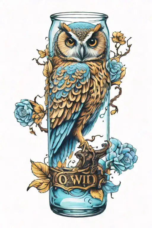 Owl inside of a clear wine bottle, filled half way up with light blue liquid tattoo design idea