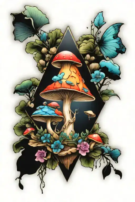 tattoo on forearm, triangle with thick black border, glowing blue crystals centered, colorful mushrooms growing from inn tattoo design idea