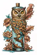 tattoo on forearm, Owl inside of a clear wine bottle, filled halfway up with light blue liquid tattoo design idea