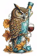 tattoo on forearm, Owl inside of a clear wine bottle, filled halfway up with light blue liquid tattoo design idea