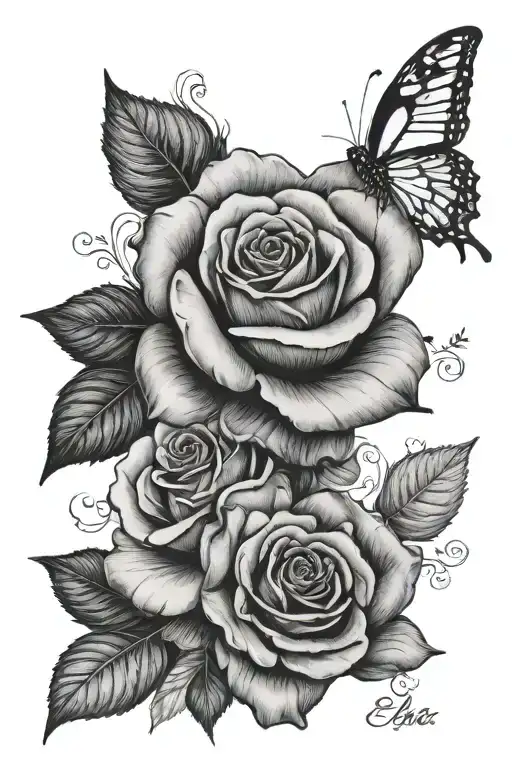 The name Ella in a rose theme sleeve tattoo design idea