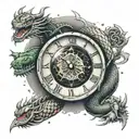 A half cracked clock with a small planet at the center and a dragon ball like shenron dragon with black eyes around it tattoo design idea