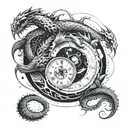 A half cracked clock with a small planet at the center and a dragon ball like shenron dragon with black eyes around it tattoo design idea