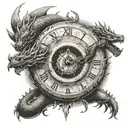 A half cracked clock with a small planet at the center and a dragon ball like shenron dragon with black eyes around it tattoo design idea