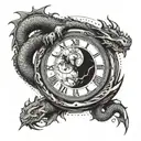 A half cracked clock with a small planet at the center and a dragon ball like shenron dragon with black eyes around it tattoo design idea