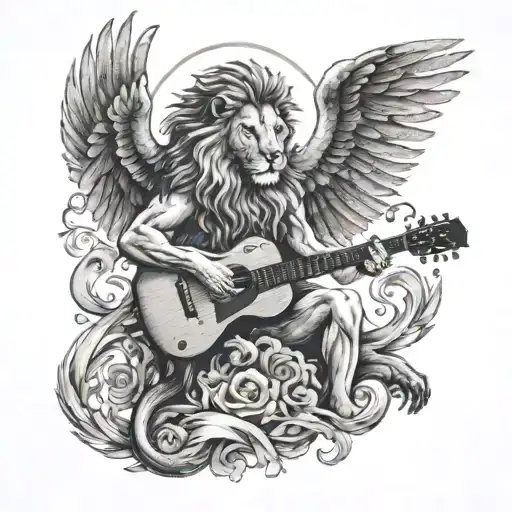 A black-grey tattoo of a majestic lion with wings playing a guitar in a heavenly setting tattoo design idea