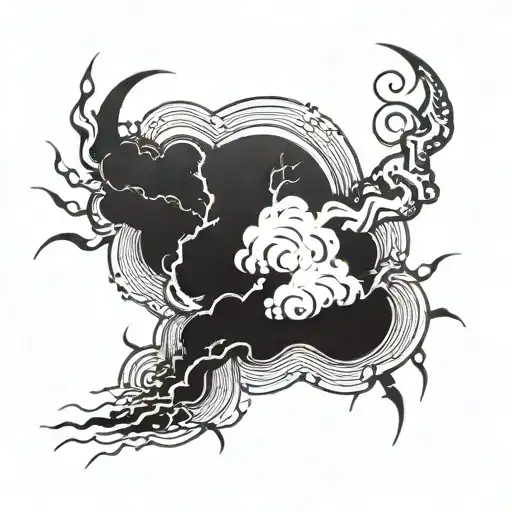 A swirling storm cloud with lightning bolts striking down towards a hand tattoo design idea