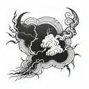 A swirling storm cloud with lightning bolts striking down towards a hand tattoo design idea