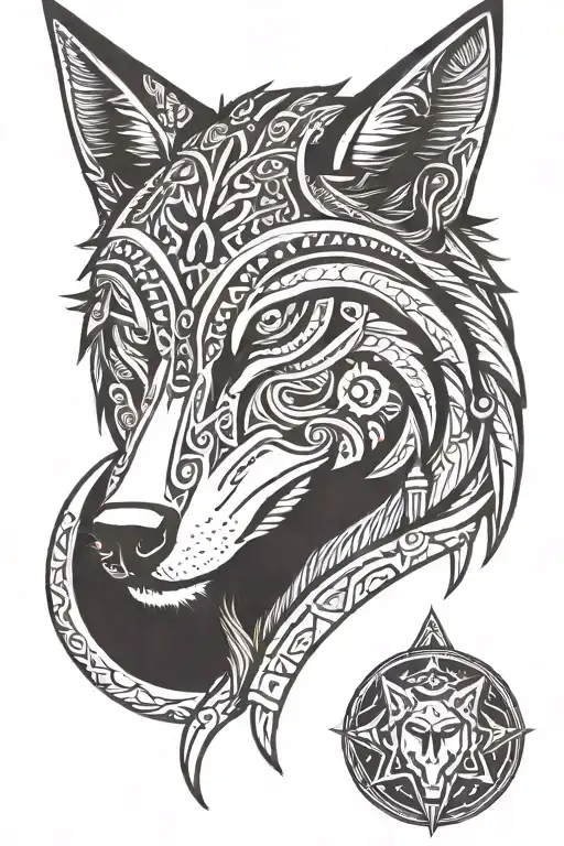 2D aztec style wolf head and crescent moon tattoo design idea