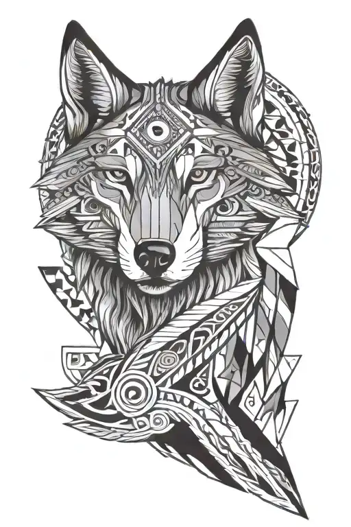 2D aztec style wolf head with crescent moon tattoo design idea