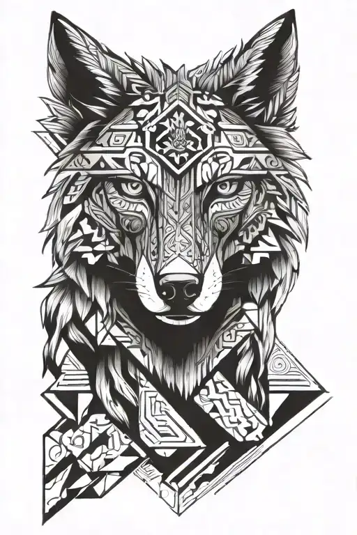 2D aztec wolf head  tattoo design idea