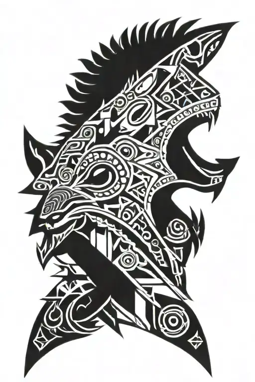 2D aztec style wolf head and crescent moon tattoo design idea