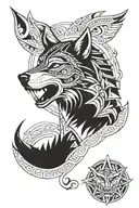 2D aztec style wolf head and crescent moon tattoo design idea
