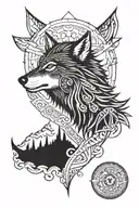 2D aztec style wolf head and crescent moon tattoo design idea