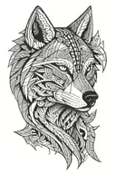 2D aztec style wolf head with crescent moon tattoo design idea