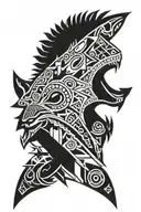 2D aztec style wolf head and crescent moon tattoo design idea