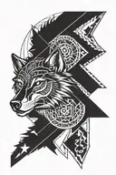 2D aztec style wolf head and crescent moon tattoo design idea