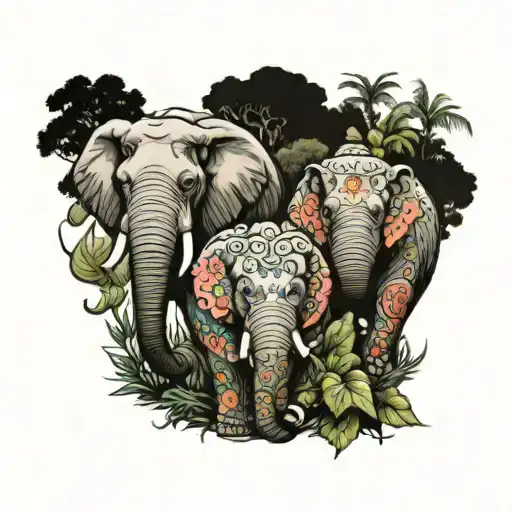 elephant and hippo surrounded by nature tattoo design idea