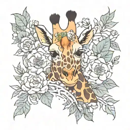 giraffe surrounded by flowers tattoo design idea