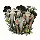 elephant and hippo surrounded by nature tattoo design idea