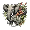 elephant and hippo surrounded by nature tattoo design idea