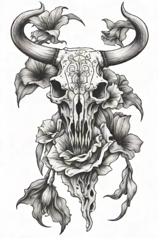 Bull skull with a Poppy & gladiolus flowers . add the Leo Constellation in  background tattoo design idea